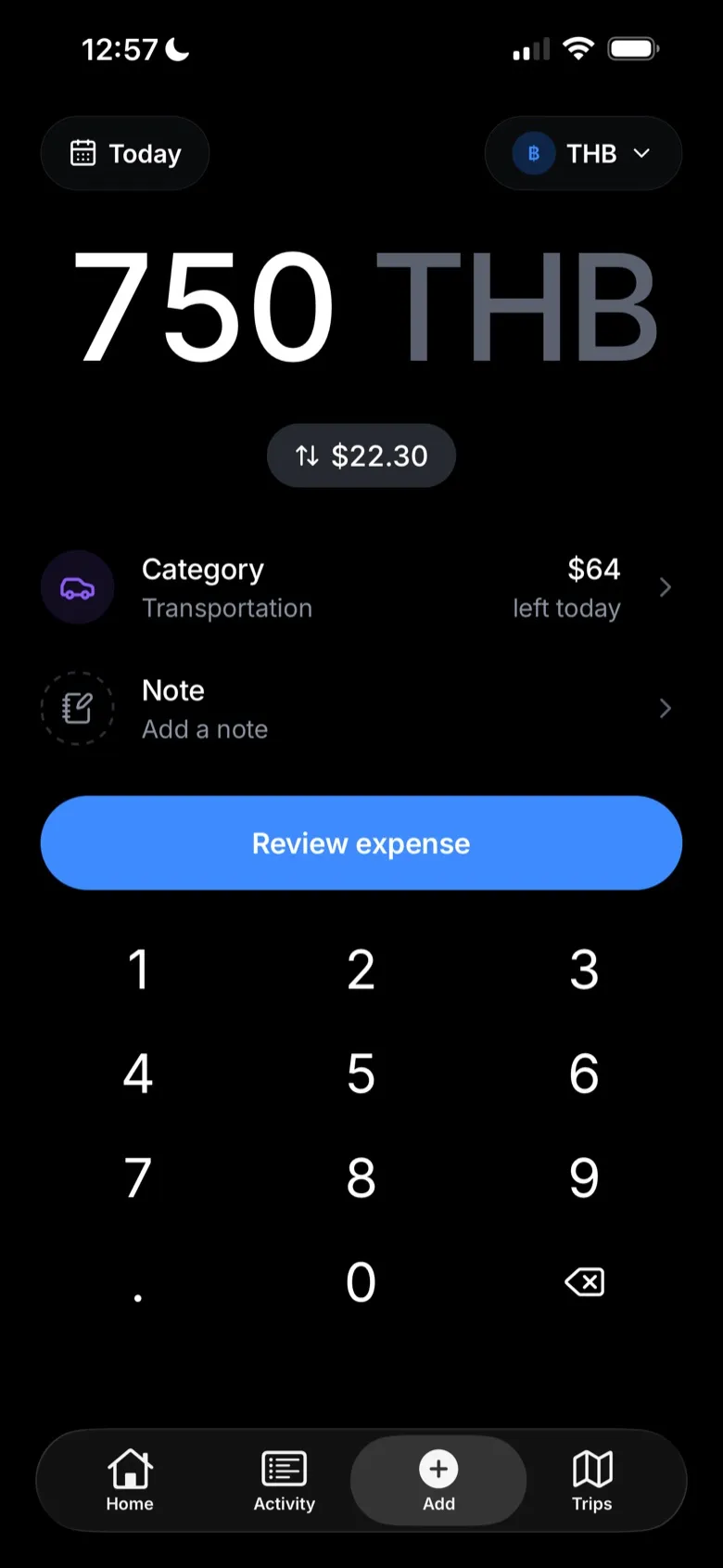 Adding a 750 THB expense, converted to $22.30