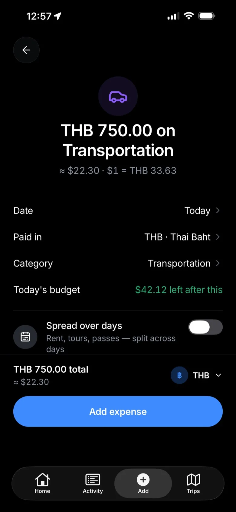 Review screen with the option to spread an expense over days